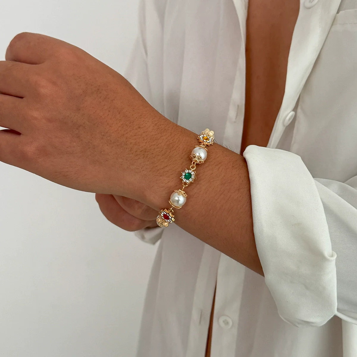 Men's Hiphop Style Alloy Handmade Flower Pearl Bracelet - Image 3