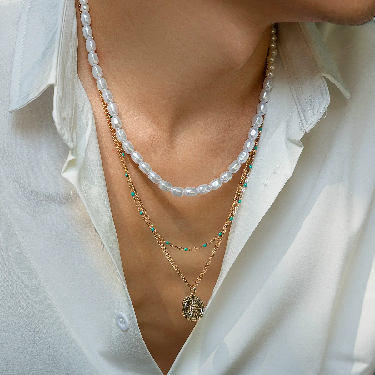 Men's Imitation Pearl Alloy Geometry Shaped Handmade Pendant Necklace - Image 3