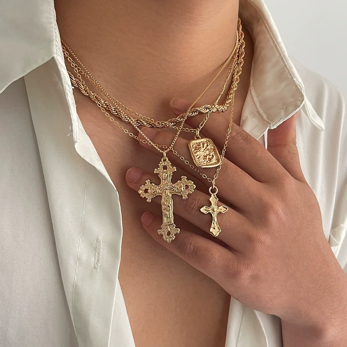 Men's Jewelry Alloy Geometric Square Pendant Handmade Hiphop Exaggerated Cross Necklace - Image 2