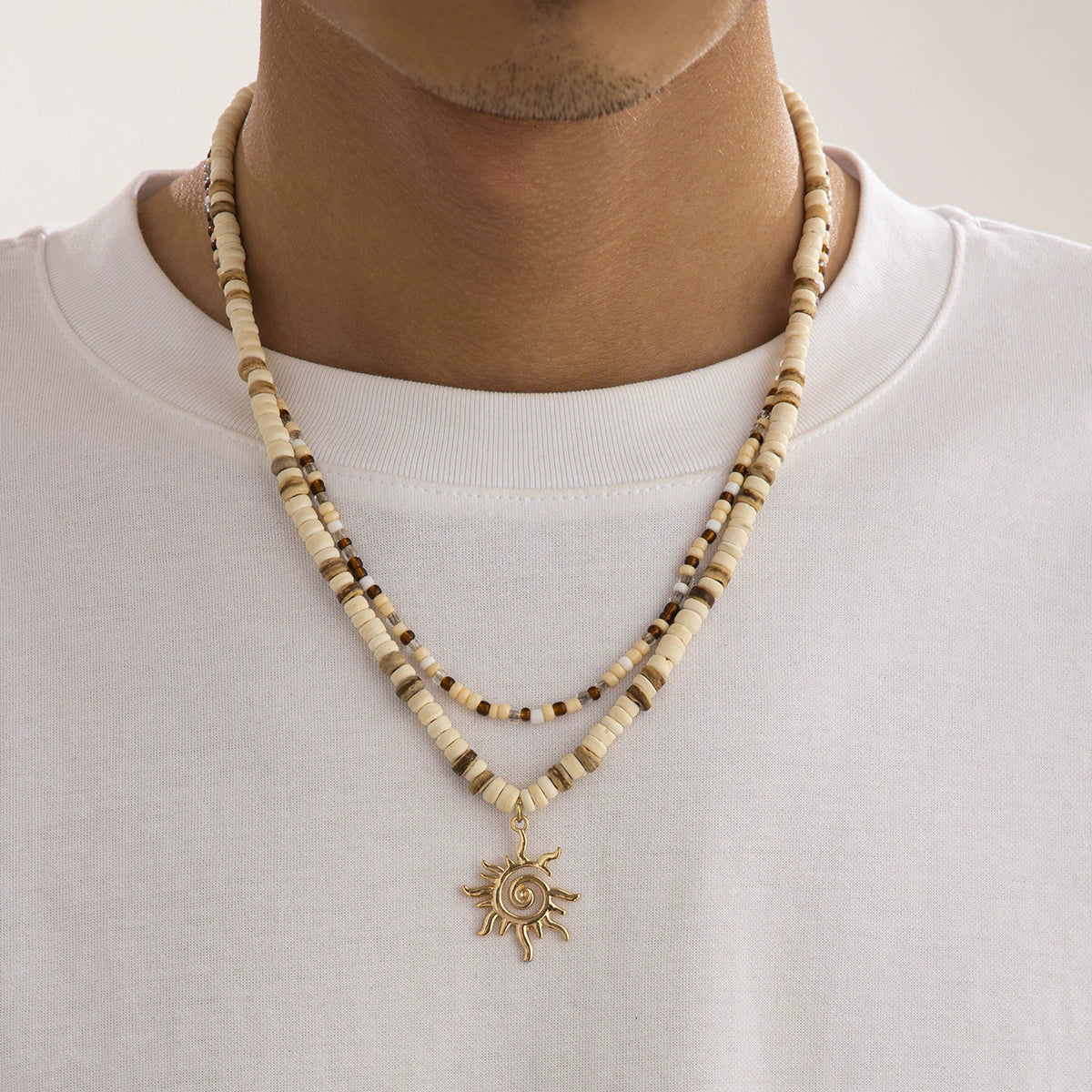 Men's Jewelry Beaded Necklace With Alloy Sun Pendant Geometric Pattern Handmade Coconut Shell Rice Beads - Image 2