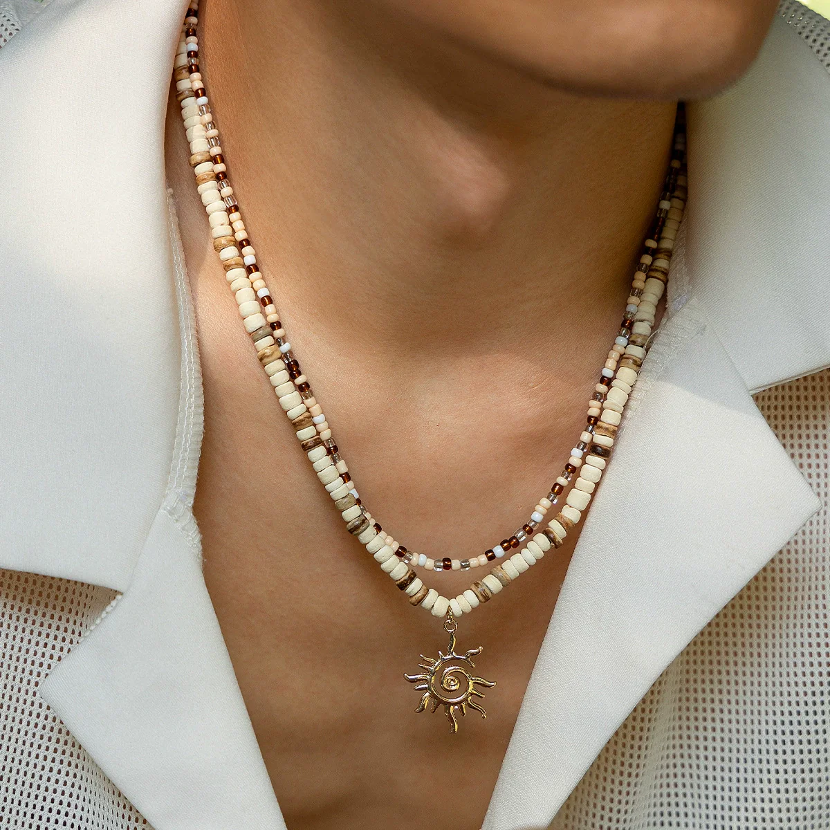 Men's Jewelry Beaded Necklace With Alloy Sun Pendant Geometric Pattern Handmade Coconut Shell Rice Beads - Image 3