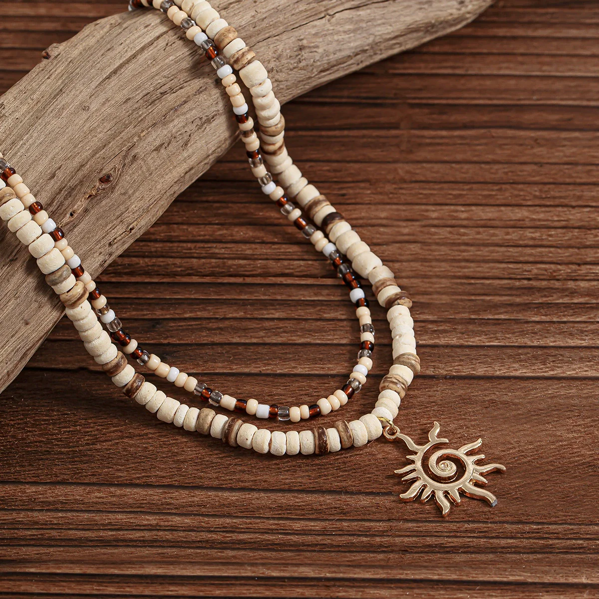 Men's Jewelry Beaded Necklace With Alloy Sun Pendant Geometric Pattern Handmade Coconut Shell Rice Beads - Image 4