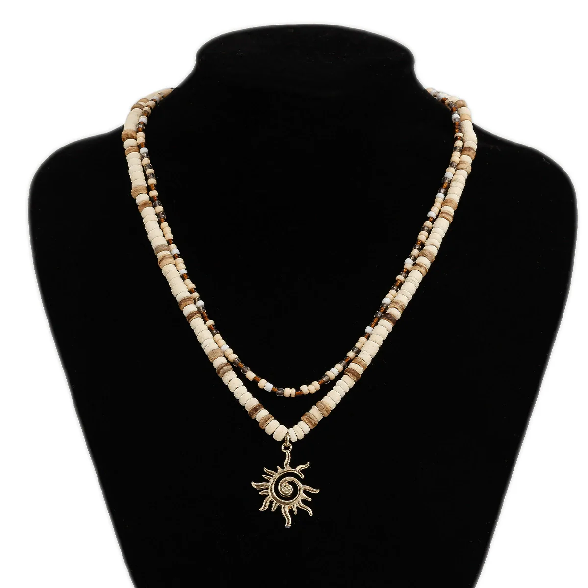 Men's Jewelry Beaded Necklace With Alloy Sun Pendant Geometric Pattern Handmade Coconut Shell Rice Beads - Image 6