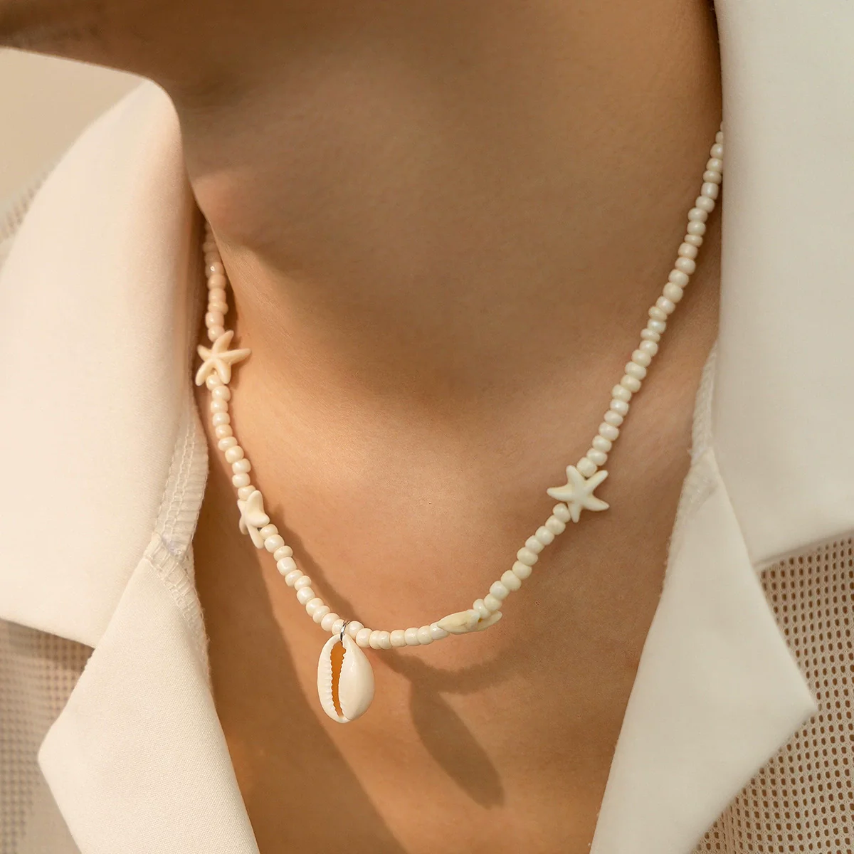 Men's Jewelry Beads Regular Chain Starfish Shell Hiphop Niche Highend Summer Clavicle Chain Handmade Geometric Style