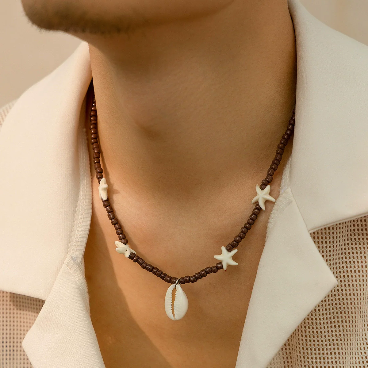 Men's Jewelry Beads Regular Chain Starfish Shell Hiphop Niche Highend Summer Clavicle Chain Handmade Geometric Style - Image 2