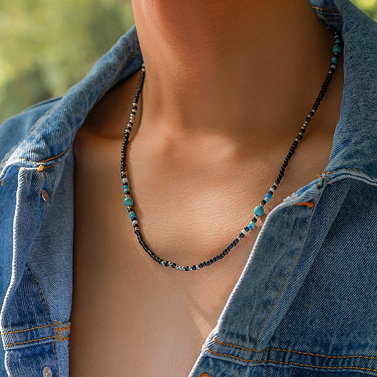 Men's Jewelry Bohemian Turquoise Alloy Spliced Clavicle Chain Handmade Necklace - Image 2