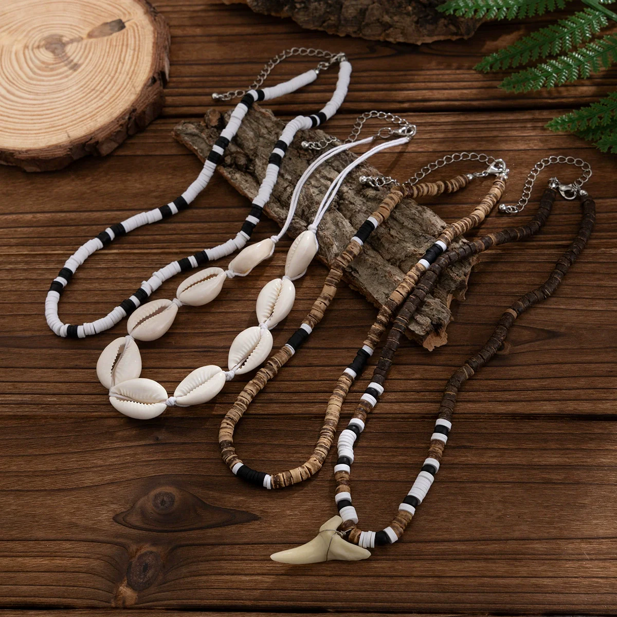 Men's Jewelry Coconut Beaded Shell Necklace With Shark Tooth Pendant Acrylic Polymer Clay Handmade - Image 4