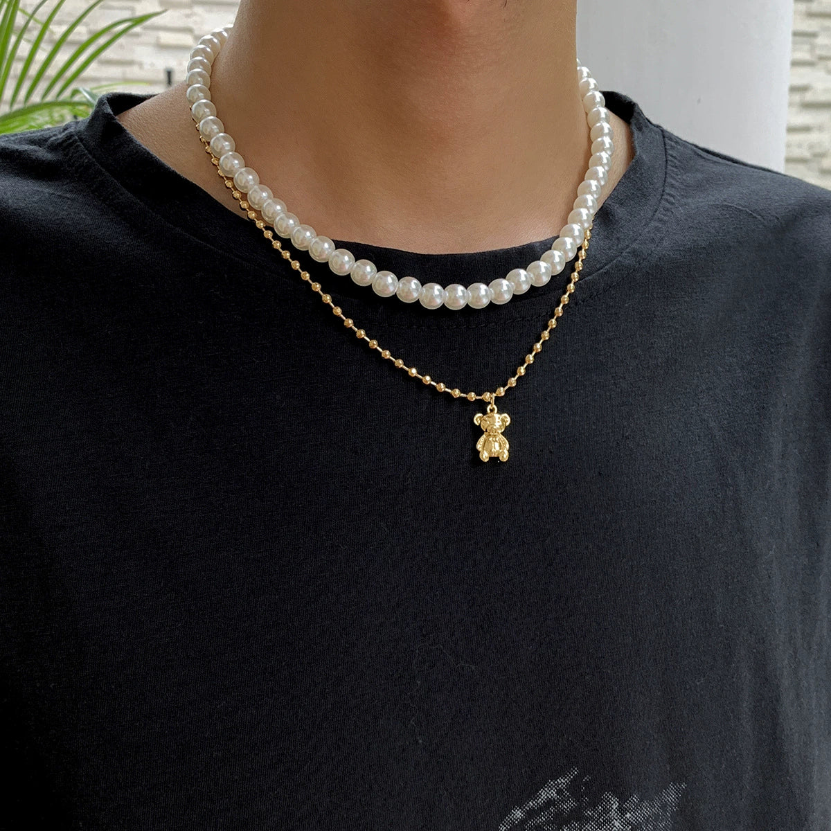 Men's Jewelry Pearl Alloy Bear Animals Zodiac Ball Chain Necklace