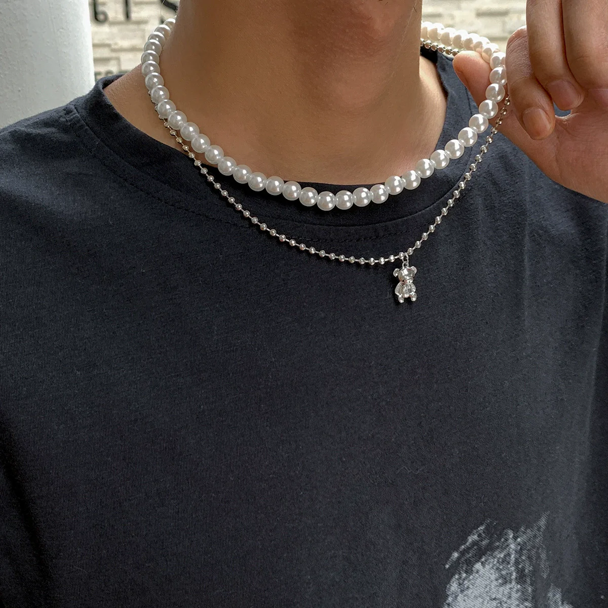 Men's Jewelry Pearl Alloy Bear Animals Zodiac Ball Chain Necklace - Image 3