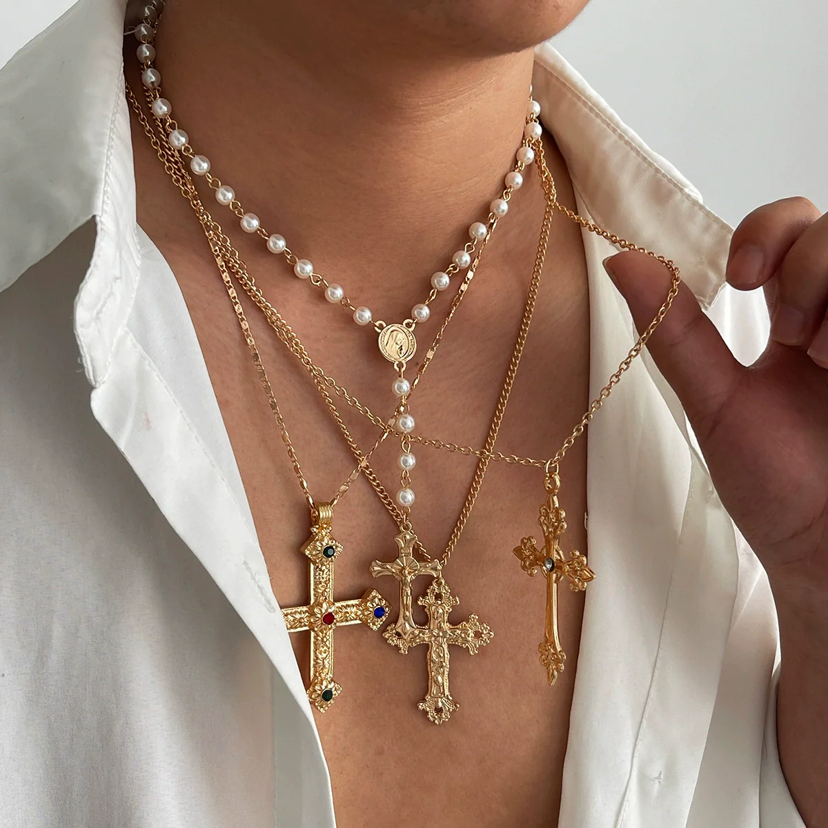 Men's Jewelry Pendant Necklace Alloy Geometric Handmade Pearl Clavicle Chain - Image 2