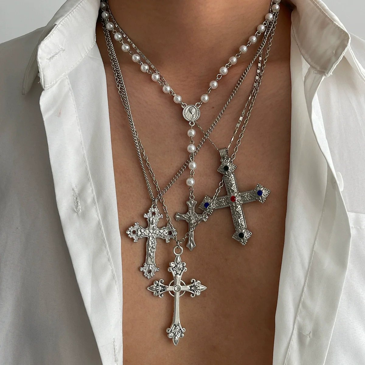 Men's Jewelry Pendant Necklace Alloy Geometric Handmade Pearl Clavicle Chain - Image 3