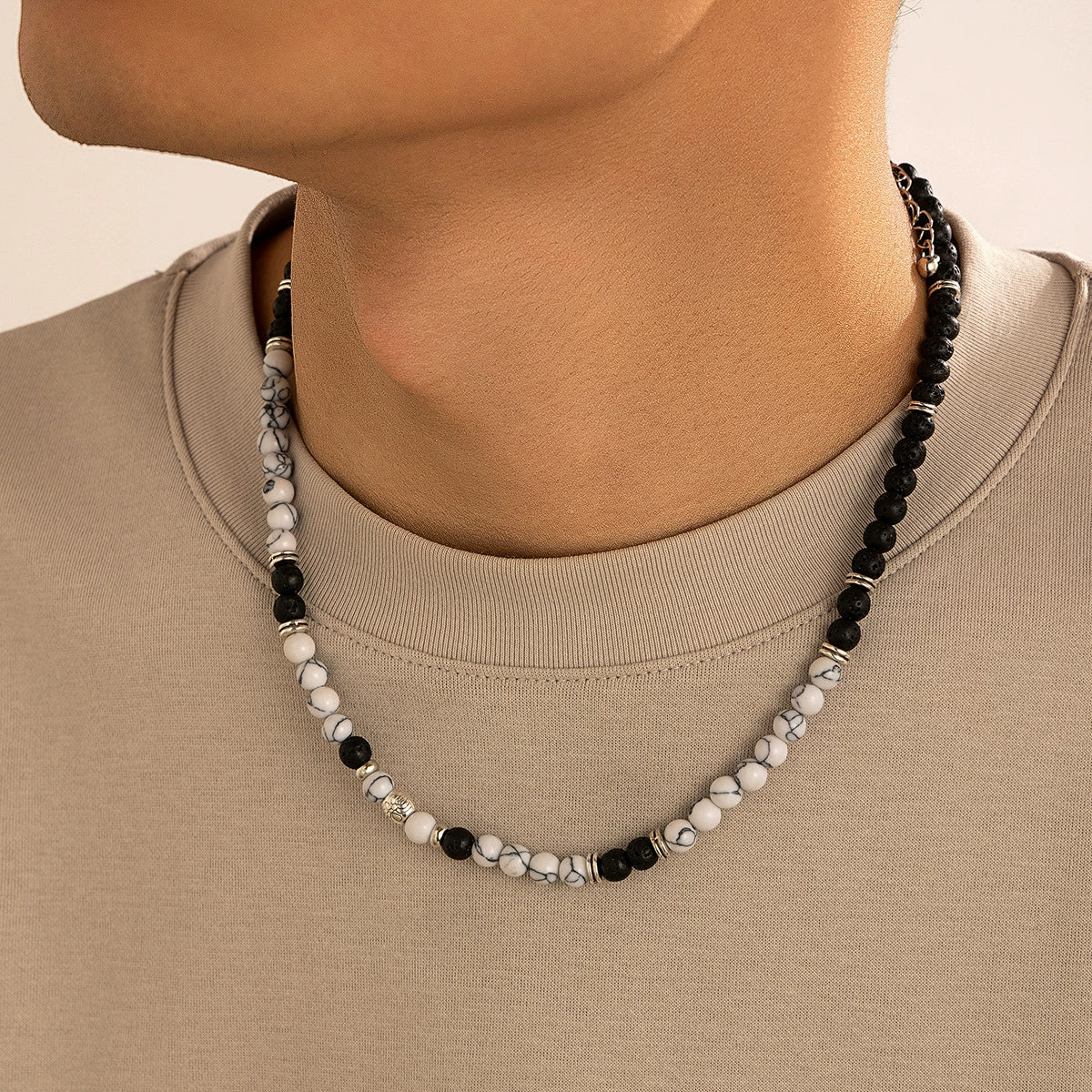 Men's Jewelry Volcanic Stone Beaded Necklace With Artificial Crystal And Alloy Handmade Geometric Design - Image 2
