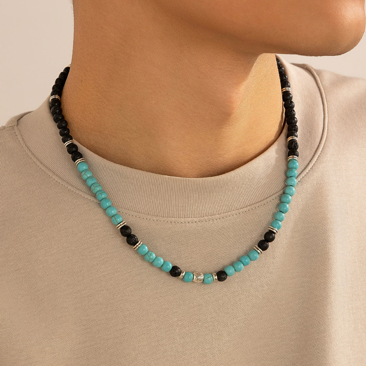 Men's Jewelry Volcanic Stone Beaded Necklace With Artificial Crystal And Alloy Handmade Geometric Design - Image 3