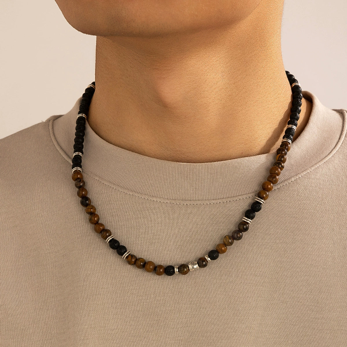 Men's Jewelry Volcanic Stone Beaded Necklace With Artificial Crystal And Alloy Handmade Geometric Design - Image 6