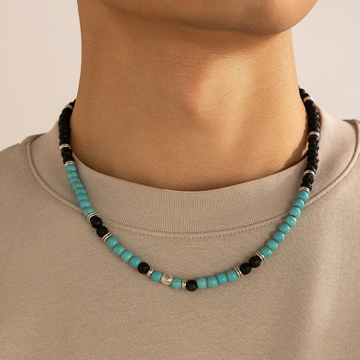 Men's Jewelry Volcanic Stone Beaded Necklace With Artificial Crystal And Alloy Handmade Geometric Design - Image 8