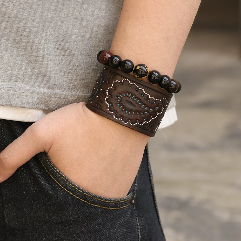 Men's Leather Bracelet Geometric Pattern Embossed Painted Oil Fuel Injection Punk Hiphop Fashion Style