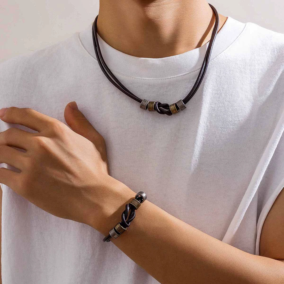 Men's Leather Geometric Knotted Ring Necklace Handmade Alloy Pendant Regular Chain Hip Hop Niche High Grade Beaded Clavicle Chain Accessories