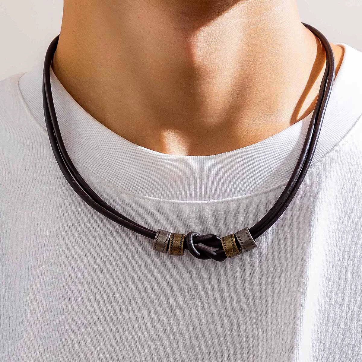 Men's Leather Geometric Knotted Ring Necklace Handmade Alloy Pendant Regular Chain Hip Hop Niche High Grade Beaded Clavicle Chain Accessories - Image 2