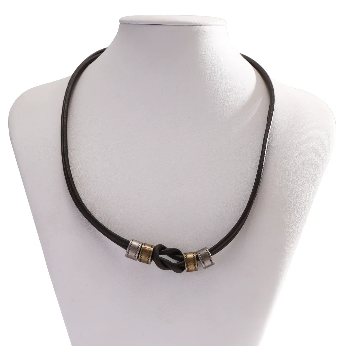 Men's Leather Geometric Knotted Ring Necklace Handmade Alloy Pendant Regular Chain Hip Hop Niche High Grade Beaded Clavicle Chain Accessories - Image 6