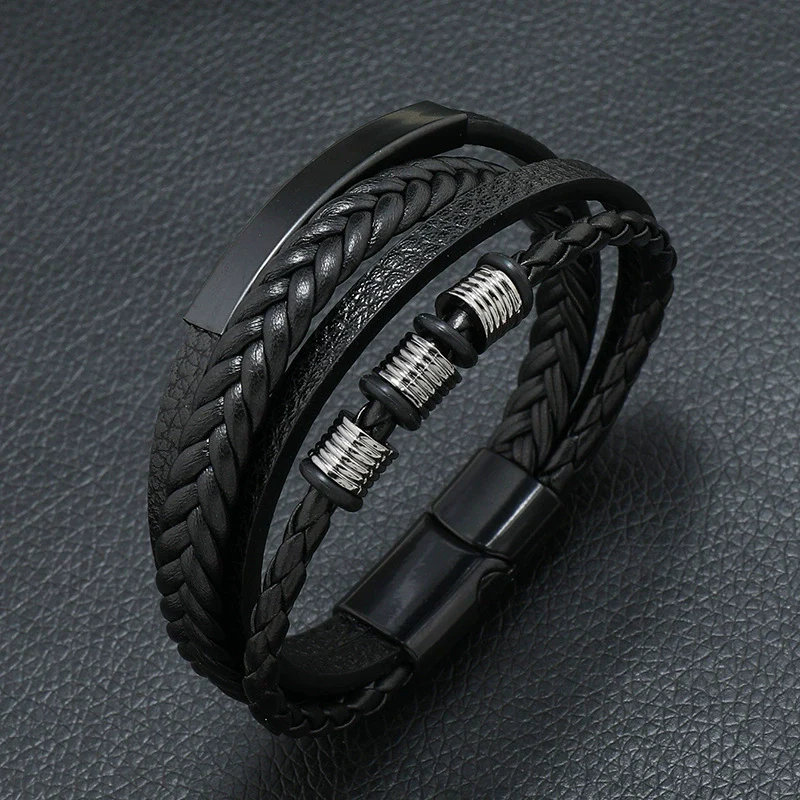 Men's Leather Woven Bracelet With Alloy Magnet Buckle Retro Geometric Handmade Style - Image 2