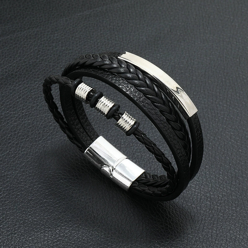 Men's Leather Woven Bracelet With Alloy Magnet Buckle Retro Geometric Handmade Style - Image 6
