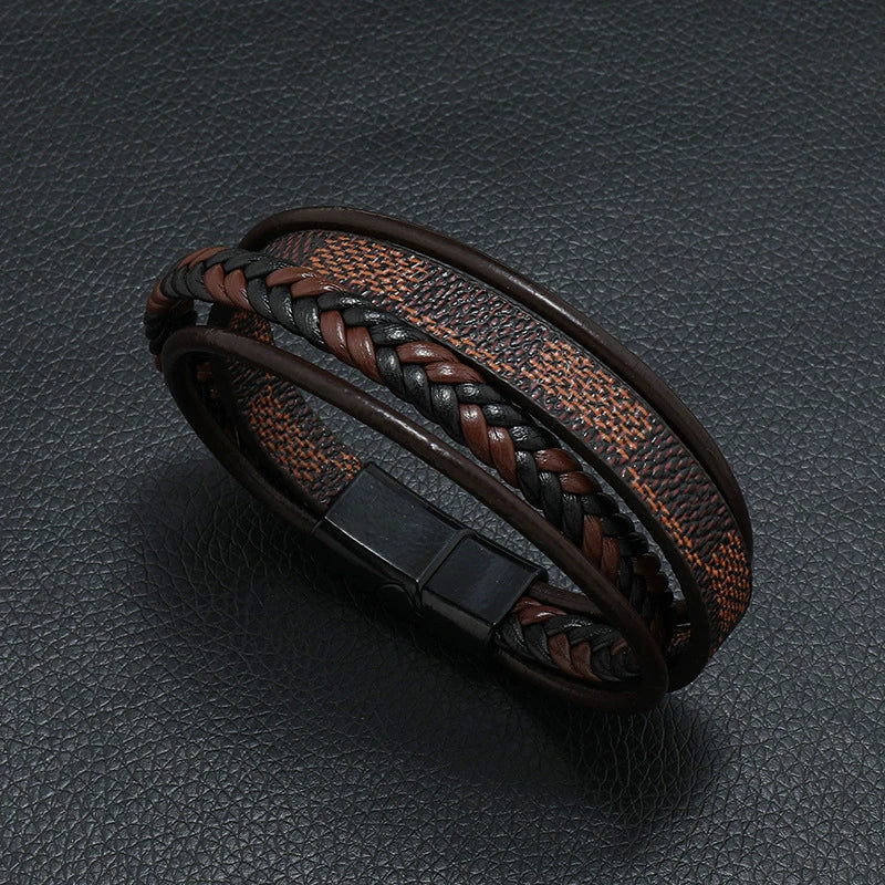 Men's Leather Woven Punk Style Handmade Bracelet With Striped Alloy Magnet Buckle - Image 2