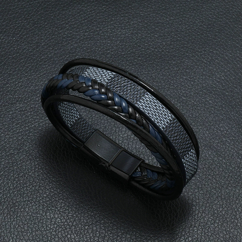 Men's Leather Woven Punk Style Handmade Bracelet With Striped Alloy Magnet Buckle - Image 3
