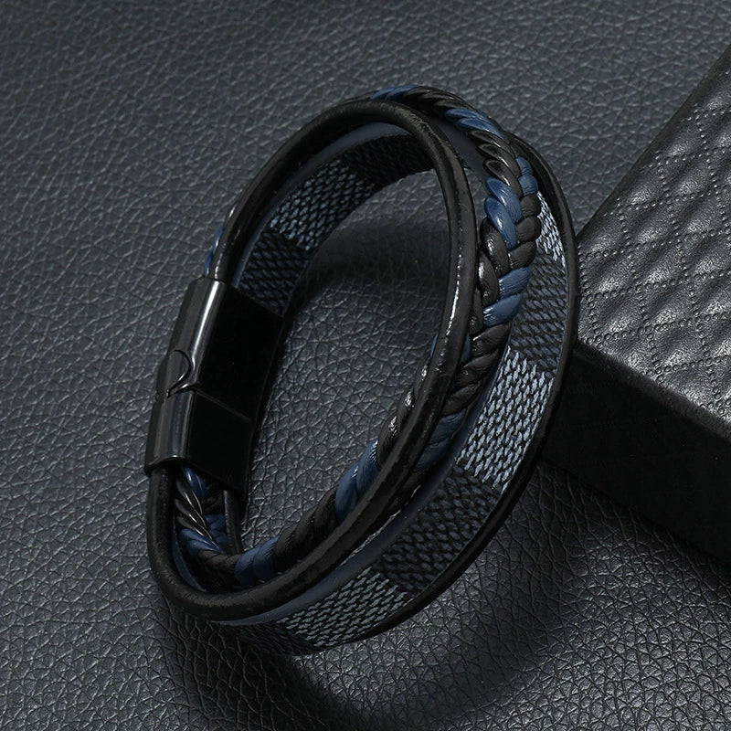 Men's Leather Woven Punk Style Handmade Bracelet With Striped Alloy Magnet Buckle - Image 4