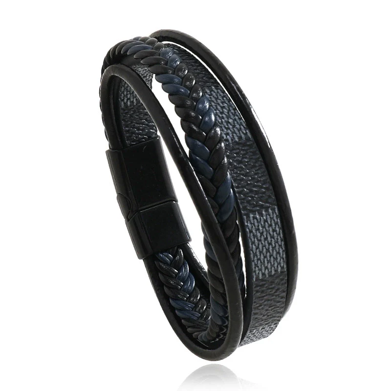 Men's Leather Woven Punk Style Handmade Bracelet With Striped Alloy Magnet Buckle - Image 5