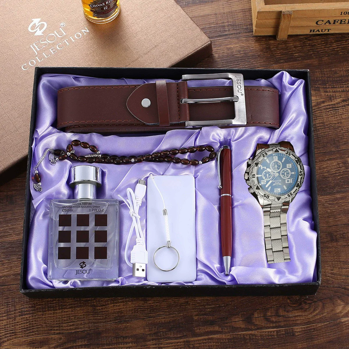 Men's Leisure Alloy And Pu 6Piece Set With Round Dial Watch Belt Pen Necklace Perfume And Charging Treasure - Image 8