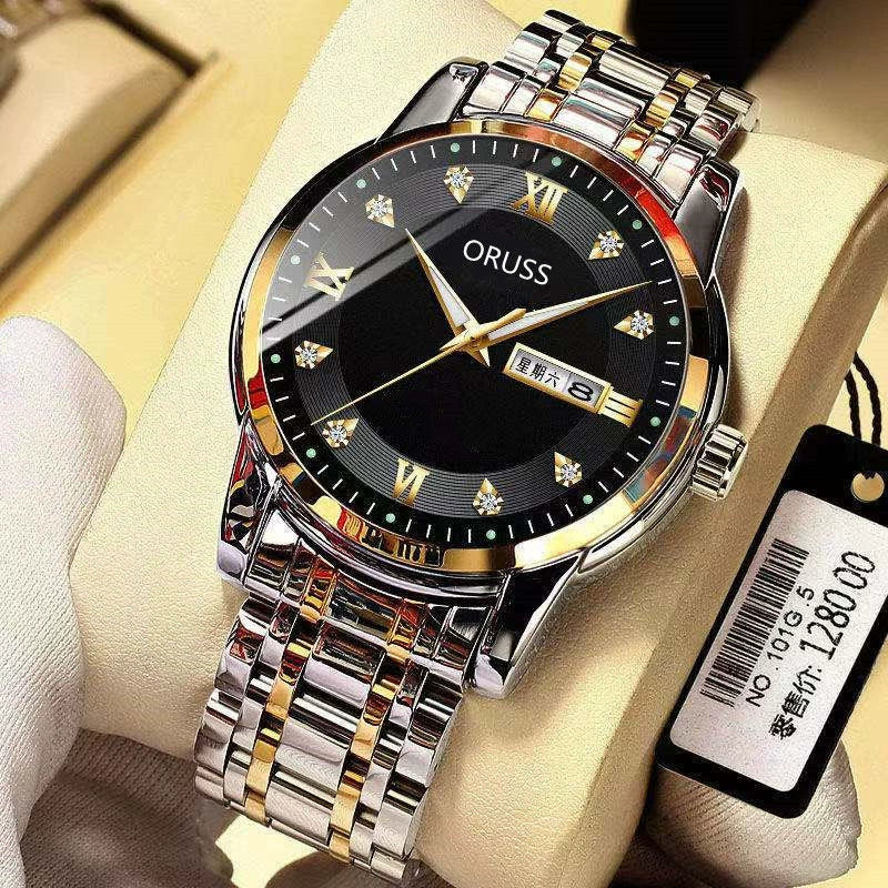 Men's Leisure Alloy Watch With Round Dial Mineral Strengthened Glass Mirror Single Folding Buckle Spiral Crown Fully Automatic Movement Double Calendar Luminous And Waterproof