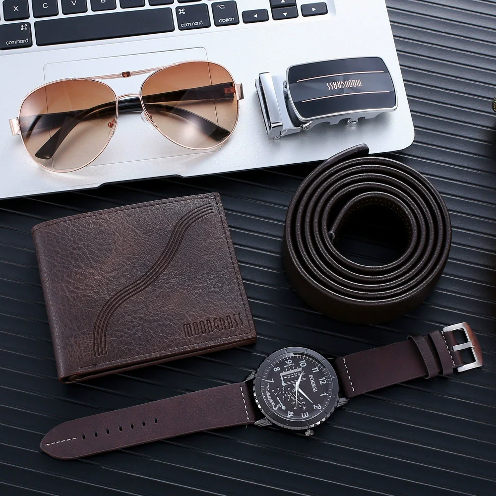 Men's Leisure Gift Set With Alloy Case Imitation Leather Strap Wallet Belt Glasses Watch Round Dial Pin Buckle Stainless Steel Buckle