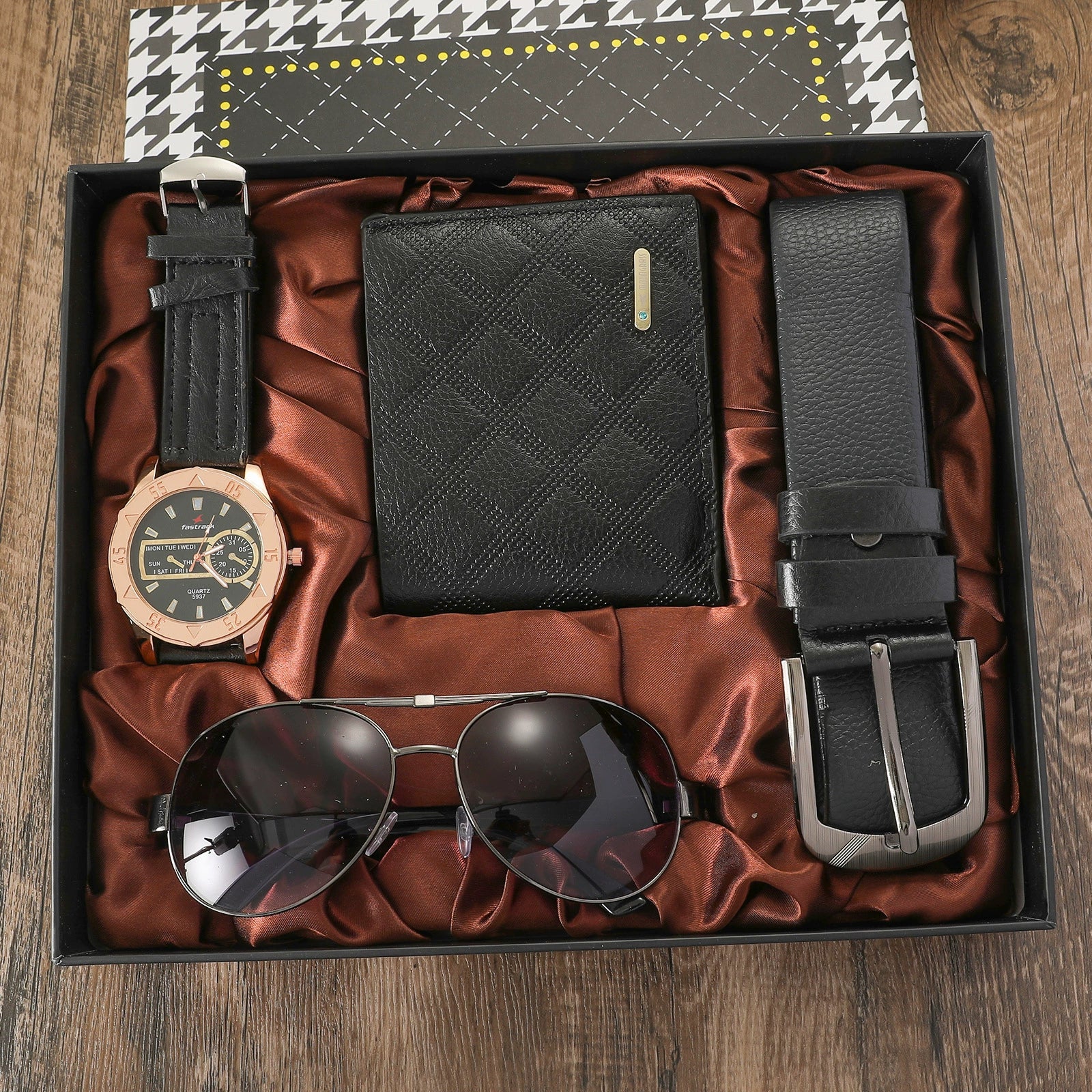 Men's Leisure Gift Set With Alloy Case Imitation Leather Strap Wallet Belt Glasses Watch Round Dial Pin Buckle Stainless Steel Buckle - Image 13