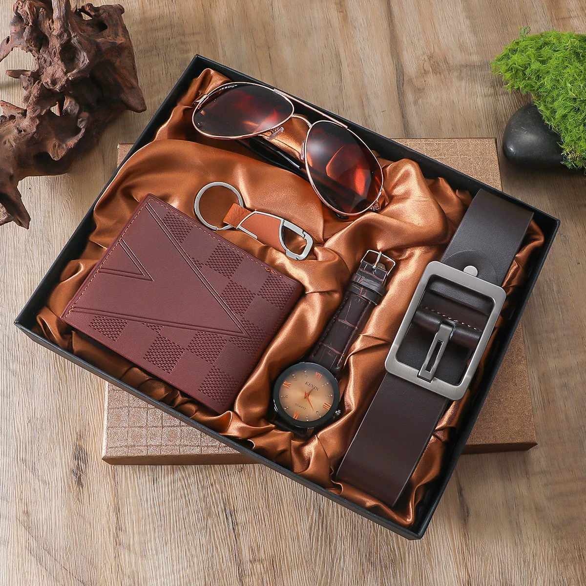 Men's Leisure Gift Set With Alloy Case Imitation Leather Strap Wallet Belt Glasses Watch Round Dial Pin Buckle Stainless Steel Buckle - Image 5