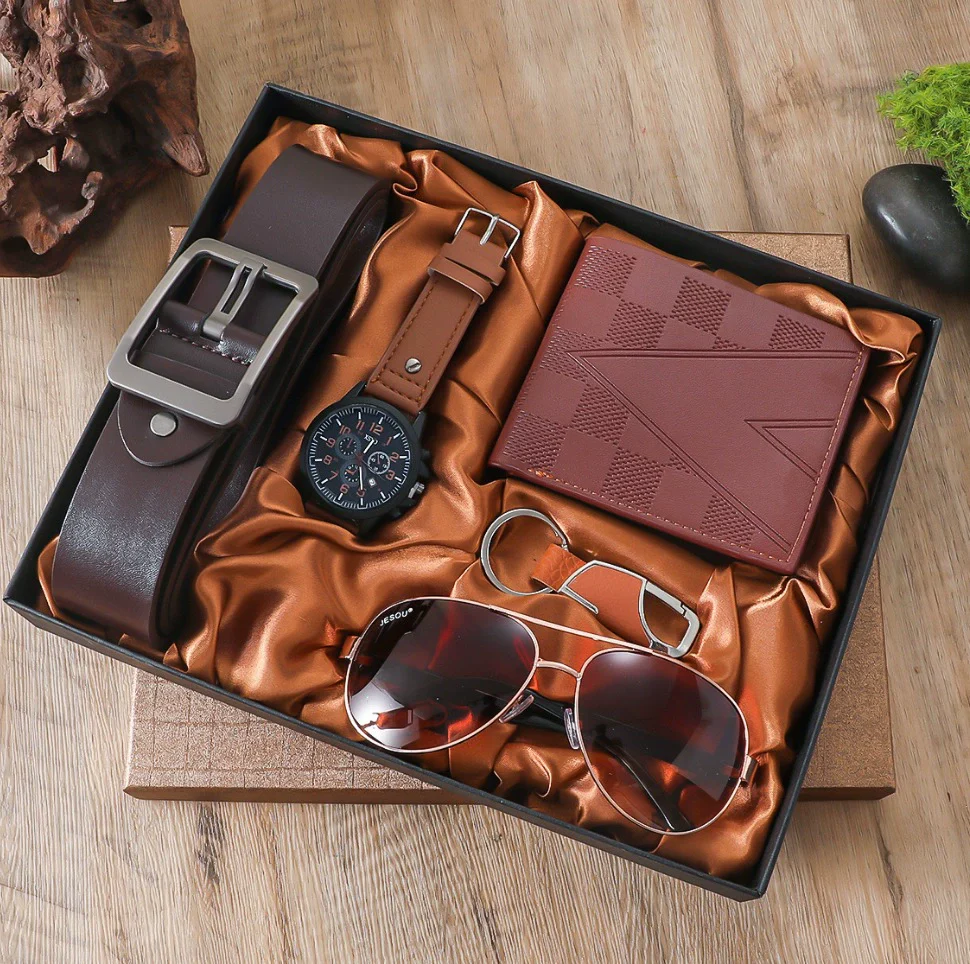 Men's Leisure Gift Set With Alloy Case Imitation Leather Strap Wallet Belt Glasses Watch Round Dial Pin Buckle Stainless Steel Buckle - Image 6
