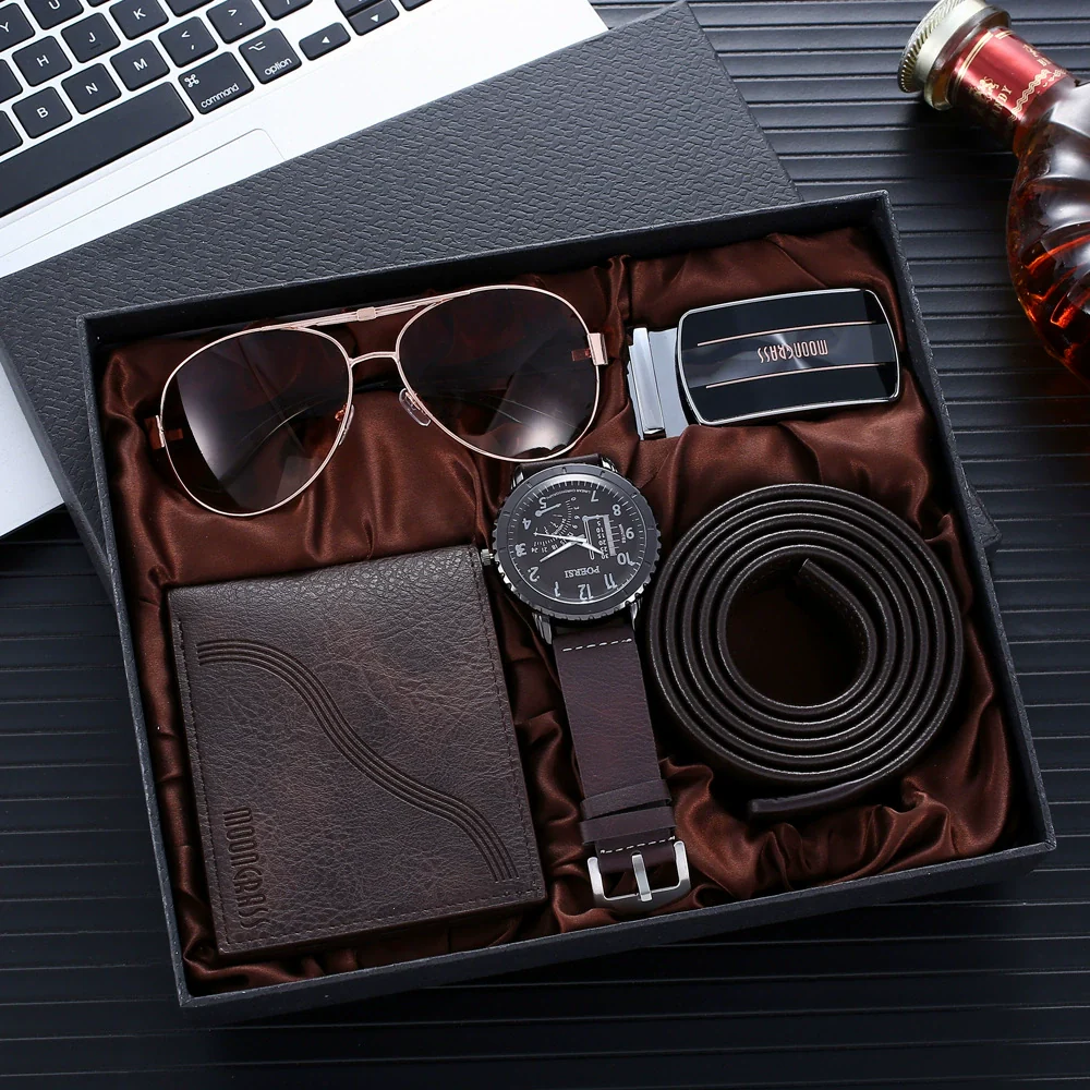 Men's Leisure Gift Set With Alloy Case Imitation Leather Strap Wallet Belt Glasses Watch Round Dial Pin Buckle Stainless Steel Buckle - Image 7