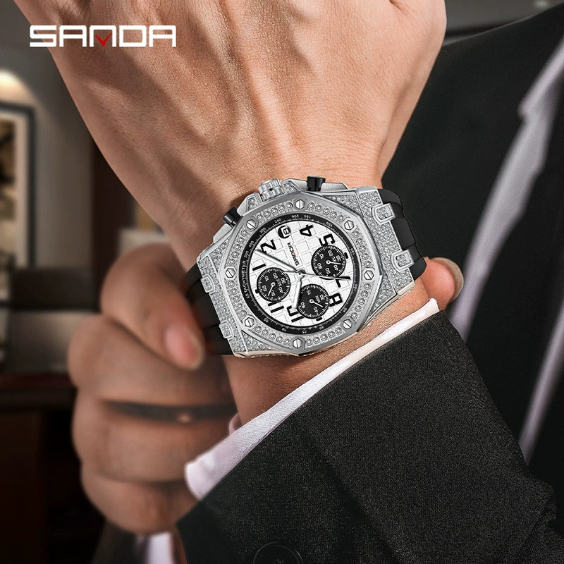 Men's Leisure Silicone Quartz Watch With Alloy Case Tpu Strap Stainless Steel Clasp Round Diamond Dial And Calendar Three Eyes And Six Needles