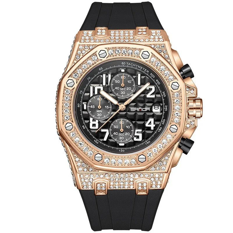 Men's Leisure Silicone Quartz Watch With Alloy Case Tpu Strap Stainless Steel Clasp Round Diamond Dial And Calendar Three Eyes And Six Needles - Image 3