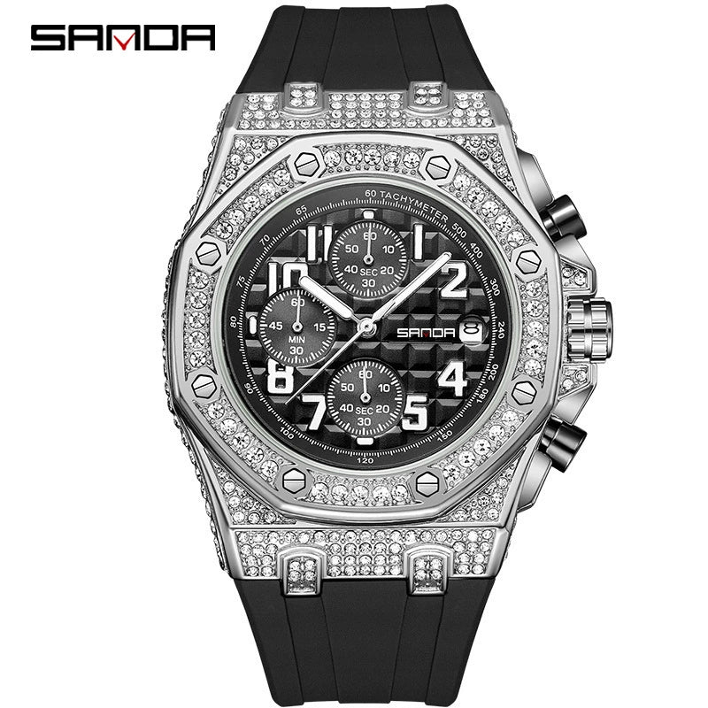 Men's Leisure Silicone Quartz Watch With Alloy Case Tpu Strap Stainless Steel Clasp Round Diamond Dial And Calendar Three Eyes And Six Needles - Image 4