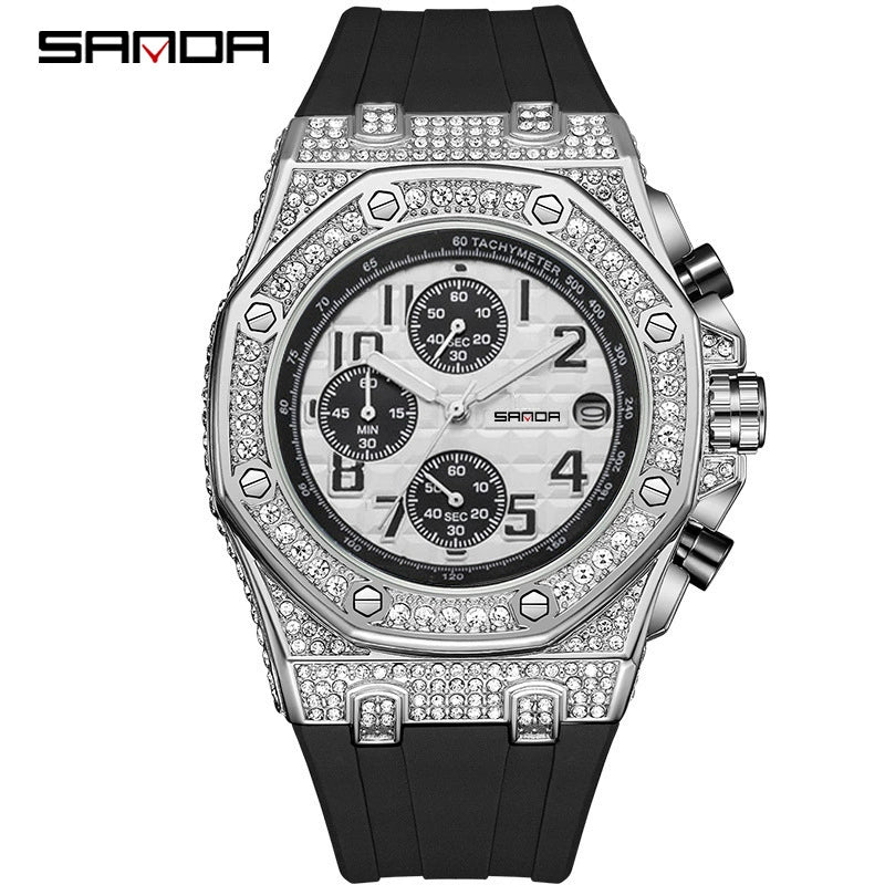 Men's Leisure Silicone Quartz Watch With Alloy Case Tpu Strap Stainless Steel Clasp Round Diamond Dial And Calendar Three Eyes And Six Needles - Image 5