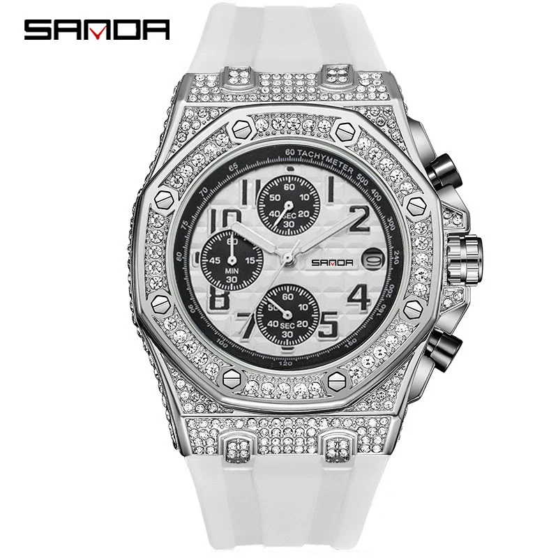 Men's Leisure Silicone Quartz Watch With Alloy Case Tpu Strap Stainless Steel Clasp Round Diamond Dial And Calendar Three Eyes And Six Needles - Image 6