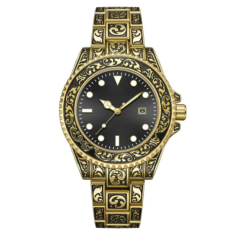 Men's Luminous Calendar Retro Carved Art Watch Metal Mineral Strengthened Glass Round Dial