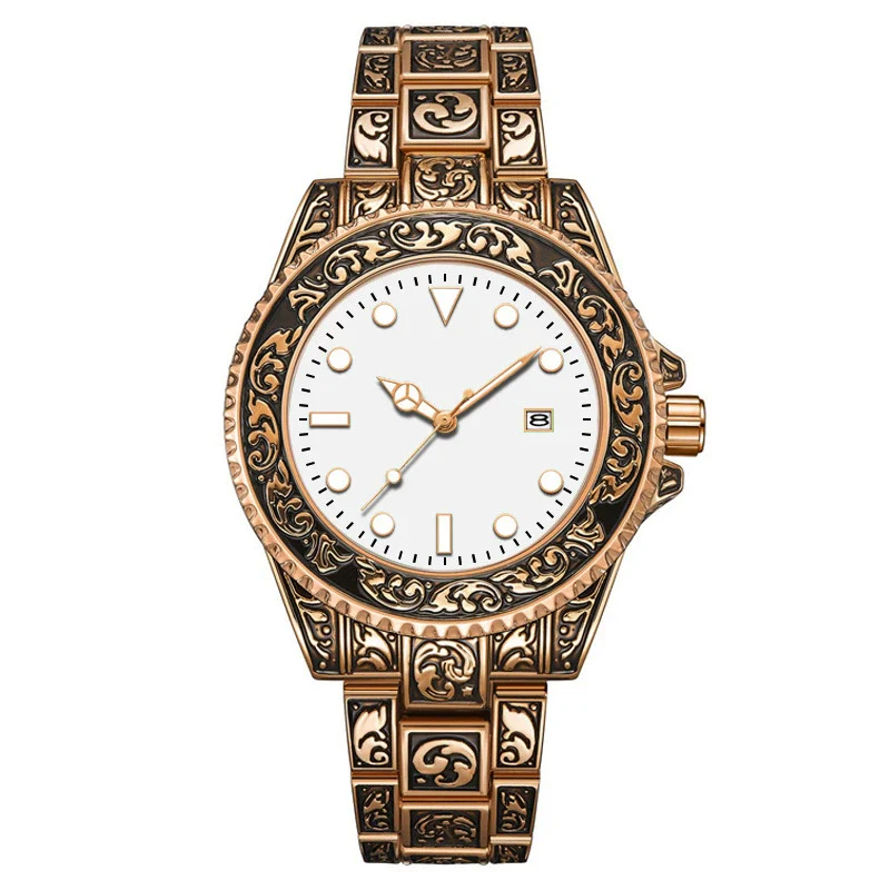Men's Luminous Calendar Retro Carved Art Watch Metal Mineral Strengthened Glass Round Dial - Image 10