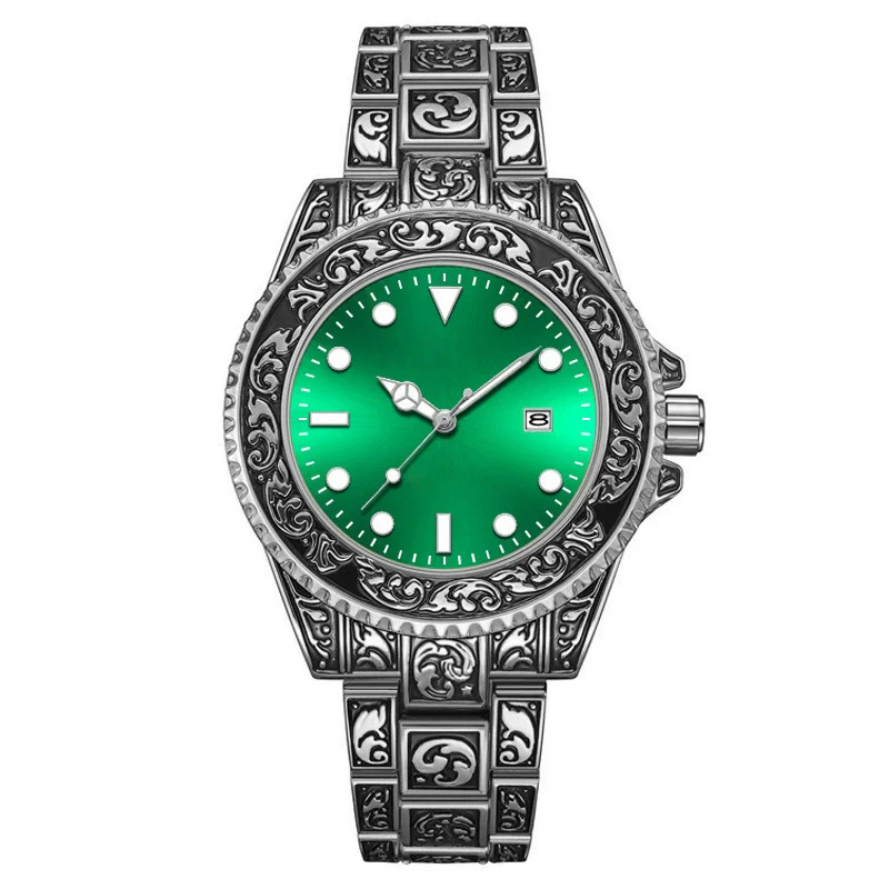 Men's Luminous Calendar Retro Carved Art Watch Metal Mineral Strengthened Glass Round Dial - Image 11