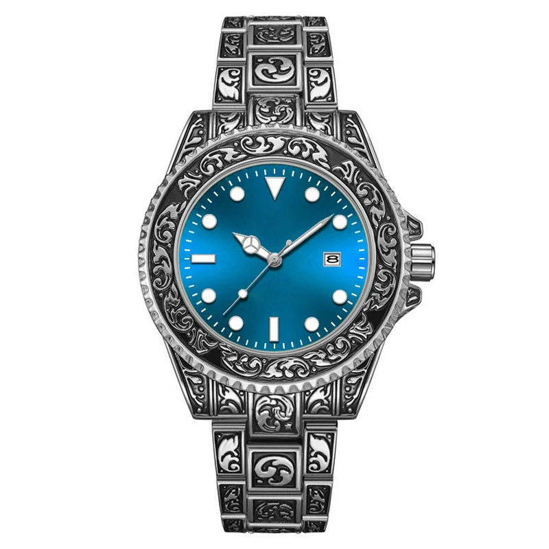Men's Luminous Calendar Retro Carved Art Watch Metal Mineral Strengthened Glass Round Dial - Image 12