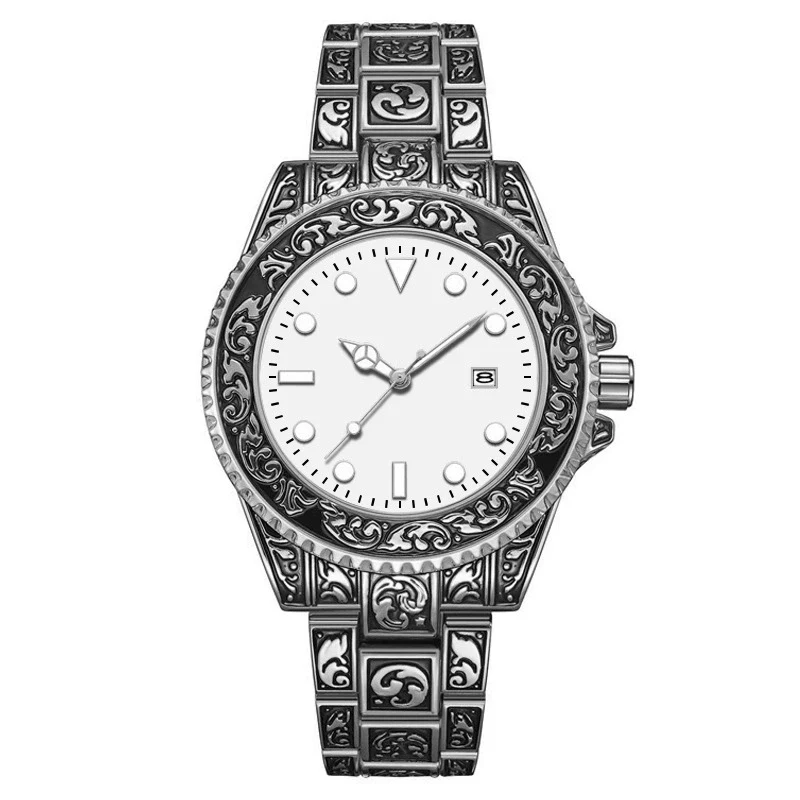 Men's Luminous Calendar Retro Carved Art Watch Metal Mineral Strengthened Glass Round Dial - Image 4