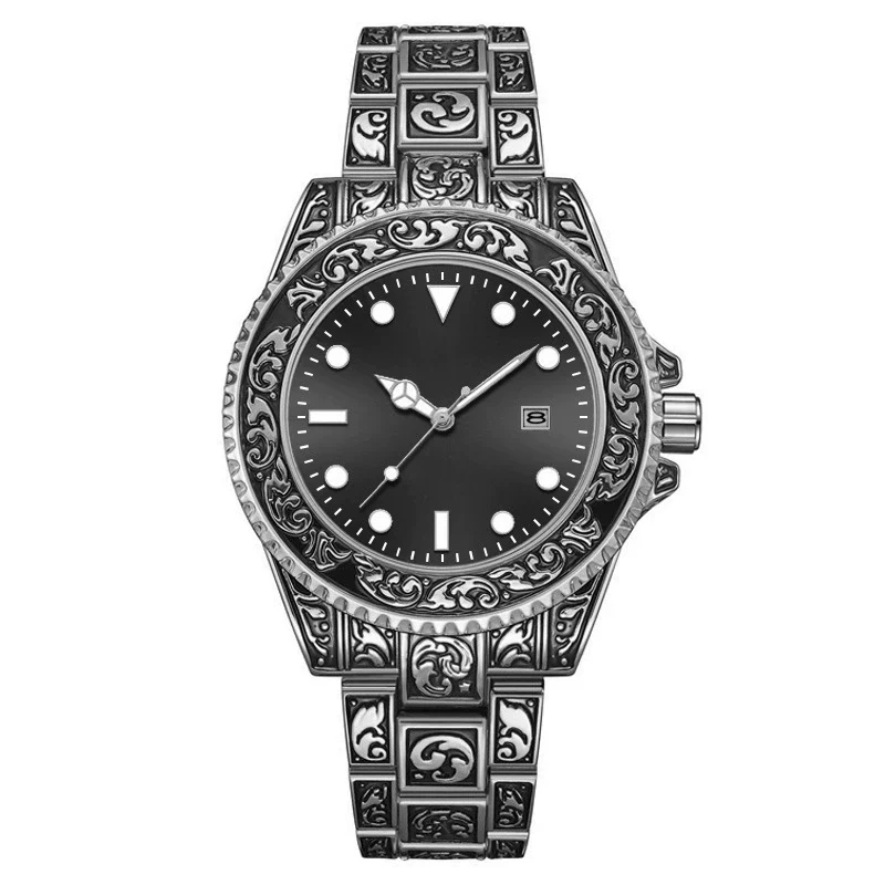 Men's Luminous Calendar Retro Carved Art Watch Metal Mineral Strengthened Glass Round Dial - Image 5