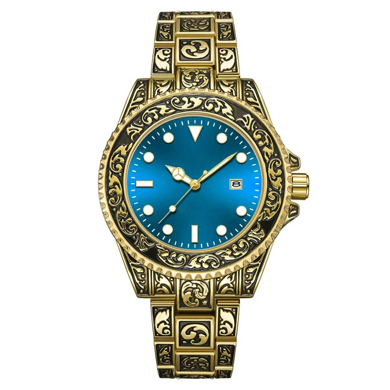 Men's Luminous Calendar Retro Carved Art Watch Metal Mineral Strengthened Glass Round Dial - Image 6