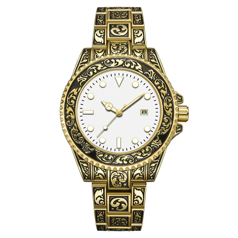 Men's Luminous Calendar Retro Carved Art Watch Metal Mineral Strengthened Glass Round Dial - Image 7