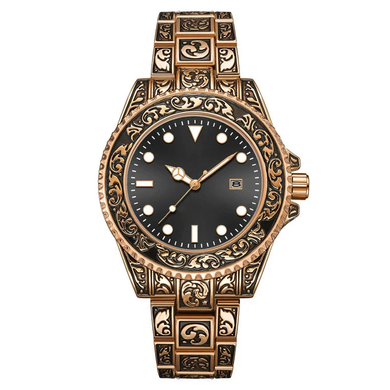 Men's Luminous Calendar Retro Carved Art Watch Metal Mineral Strengthened Glass Round Dial - Image 8